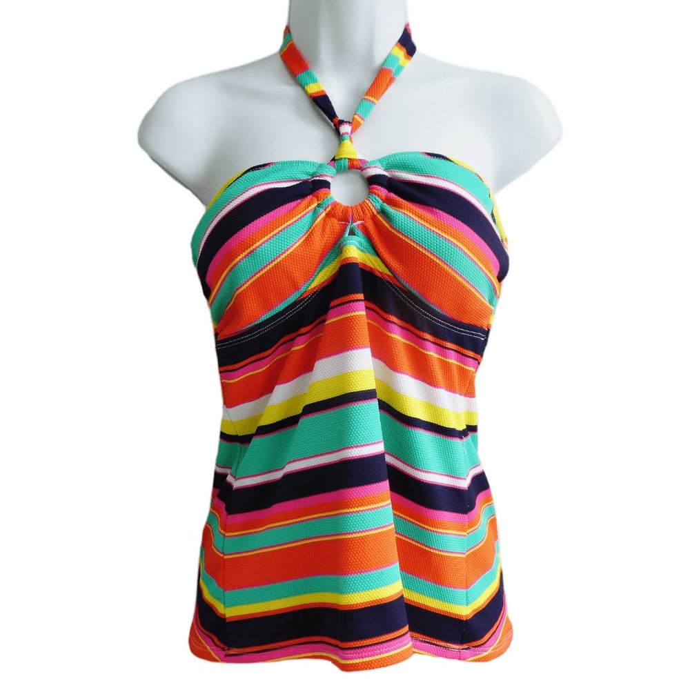Vintage Hobie Summer Halter Top Tankini Neon Stripes Padded A Line L
